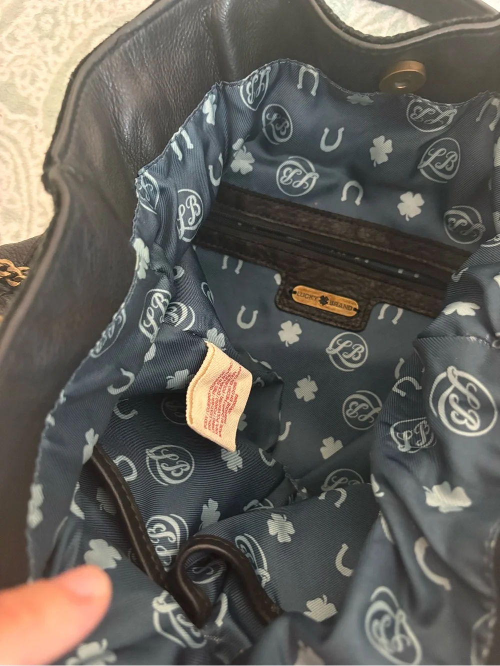 Lucky Brand Black Leather Drawstring Hobo with Chain Strap